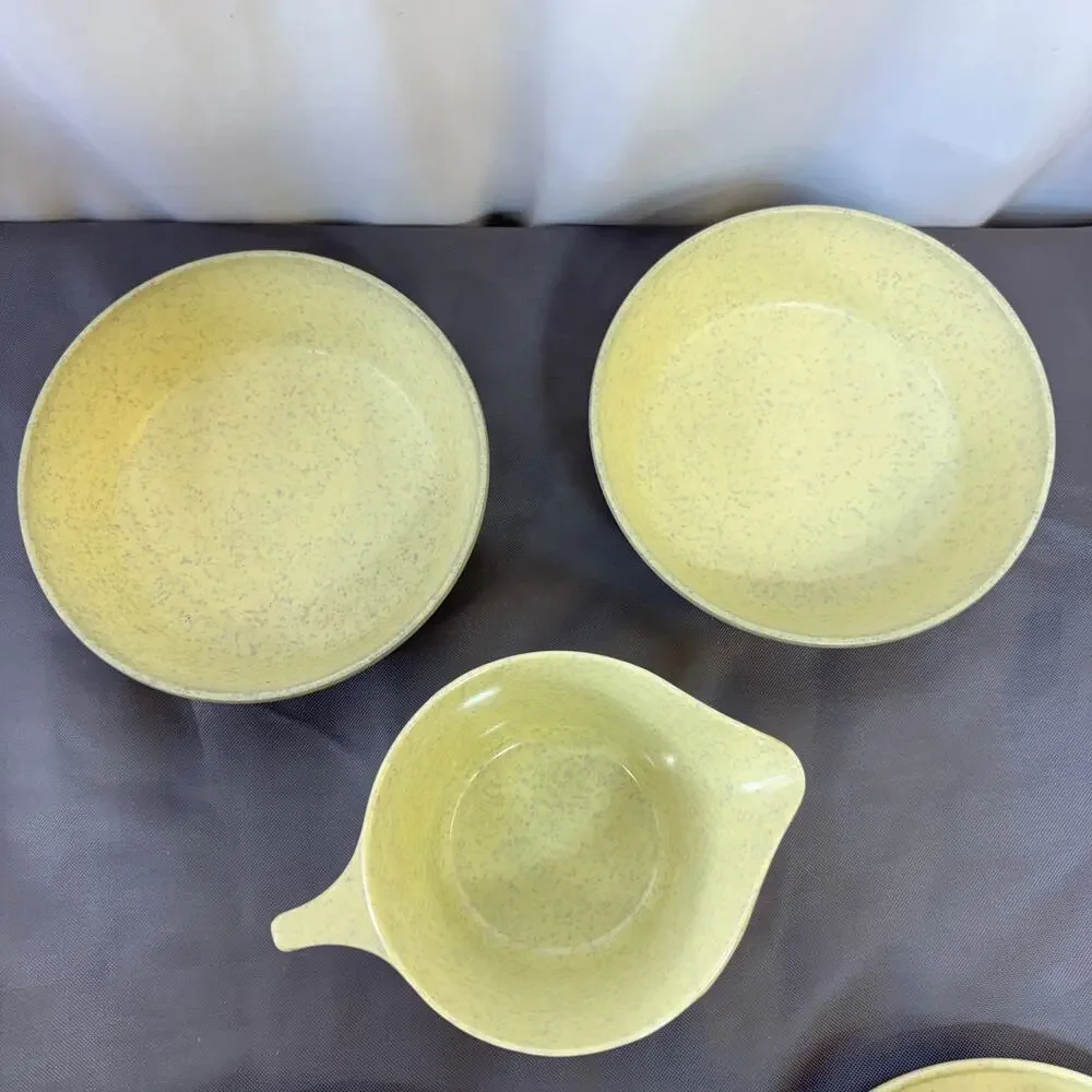 Yellow Speckled Melamine Mixed Lot 9 Pc: 2 Cup/Saucer/Bowl 1 Plate Creamer/Sugar